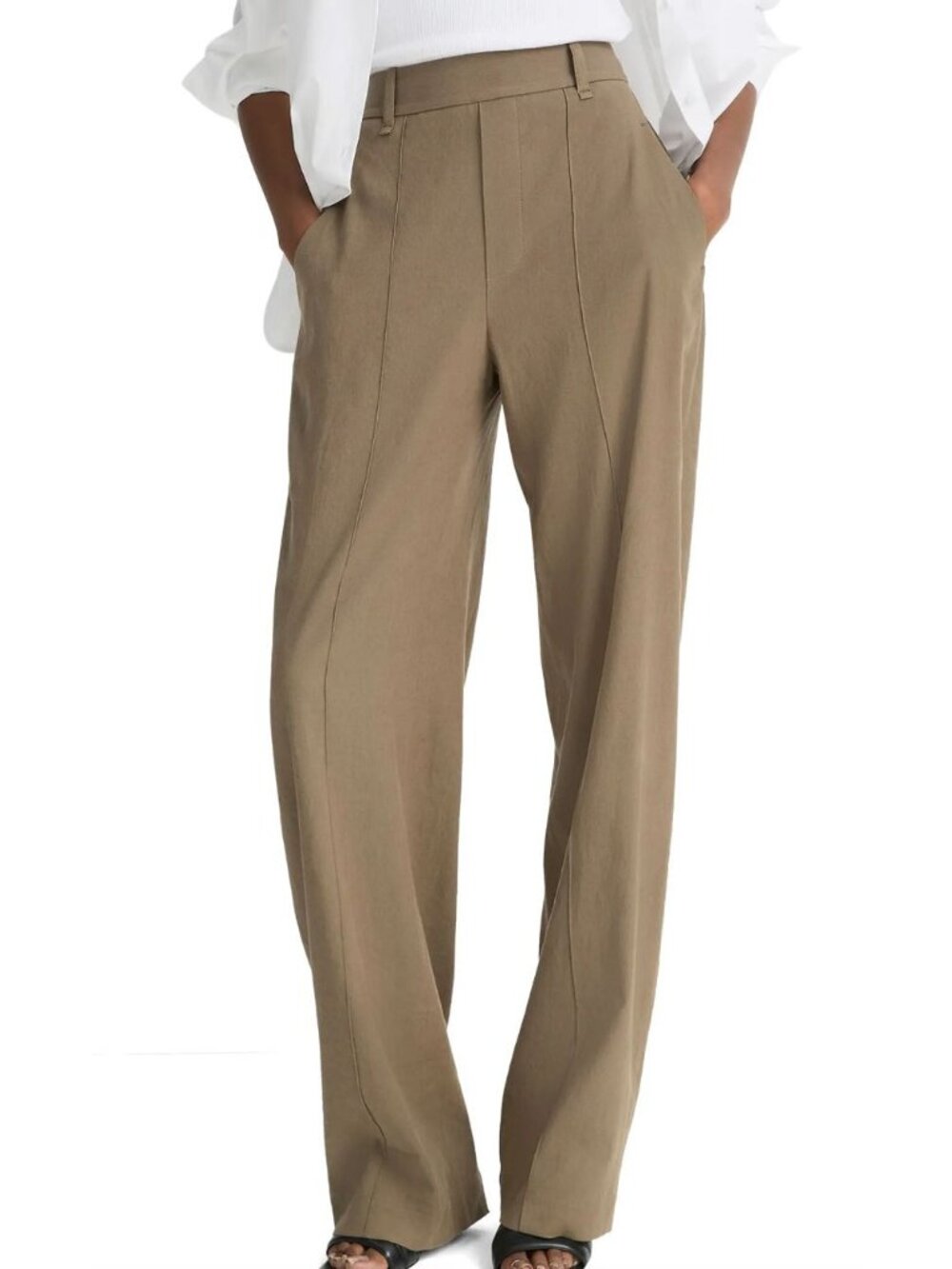 VINCE Joan High-Rise Linen-Blend Pull-On Pants Dark Green Size XS